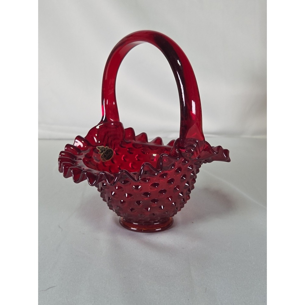 Vintage 8" Fenton Hobnail Ruby Red Amberina Ruffle Glass Basket